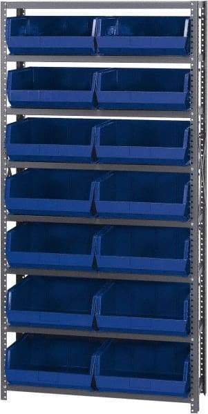 Quantum Storage - 12" Deep x 36" Wide x 75" High, Steel Open Hopper Storage Unit - 7/8 Shelves, 14 Blue Plastic Bins, 16-1/2" Bin Width x 7" Bin Height x 14-3/4" Bin Depth - Americas Industrial Supply