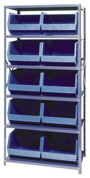 Quantum Storage - 18" Deep x 36" Wide x 75" High, Steel Open Hopper Storage Unit - 5/6 Shelves, 10 Blue Plastic Bins, 16-1/2" Bin Width x 11" Bin Height x 18" Bin Depth - Americas Industrial Supply