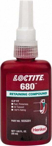 Loctite - 50 mL Bottle, Green, High Strength Liquid Retaining Compound - Series 680, 24 hr Full Cure Time, Heat Removal - Americas Industrial Supply