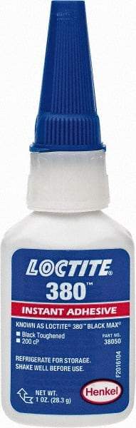Loctite - 1 oz Bottle Black Instant Adhesive - Series 380, 90 sec Fixture Time, 24 hr Full Cure Time, Bonds to Metal, Plastic & Rubber - Americas Industrial Supply