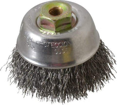 Osborn - 2-3/4" Diam, M10x1.25 Threaded Arbor, Steel Fill Cup Brush - 0.014 Wire Diam, 1" Trim Length, 14,000 Max RPM - Americas Industrial Supply