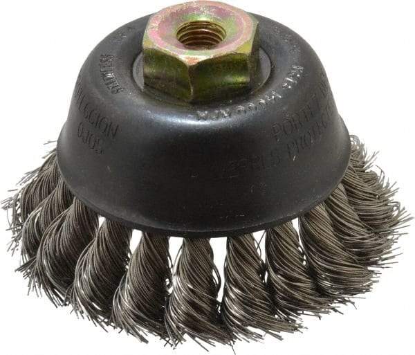 Osborn - 2-3/4" Diam, M10x1.25 Threaded Arbor, Stainless Steel Fill Cup Brush - 0.014 Wire Diam, 14,000 Max RPM - Americas Industrial Supply