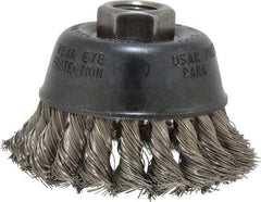 Osborn - 2-3/4" Diam, 5/8-11 Threaded Arbor, Stainless Steel Fill Cup Brush - 0.014 Wire Diam, 14,000 Max RPM - Americas Industrial Supply