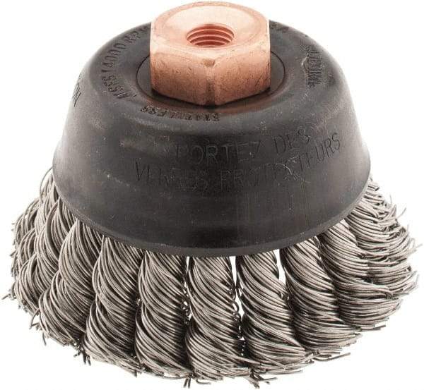 Osborn - 2-3/4" Diam, 3/8-24 Threaded Arbor, Stainless Steel Fill Cup Brush - 0.02 Wire Diam, 14,000 Max RPM - Americas Industrial Supply