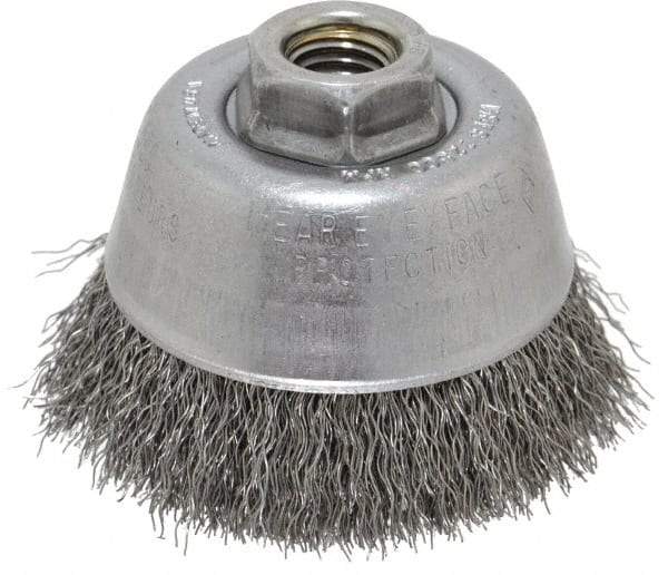 Osborn - 3-1/2" Diam, 5/8-11 Threaded Arbor, Steel Fill Cup Brush - 0.014 Wire Diam, 7/8" Trim Length, 14,000 Max RPM - Americas Industrial Supply