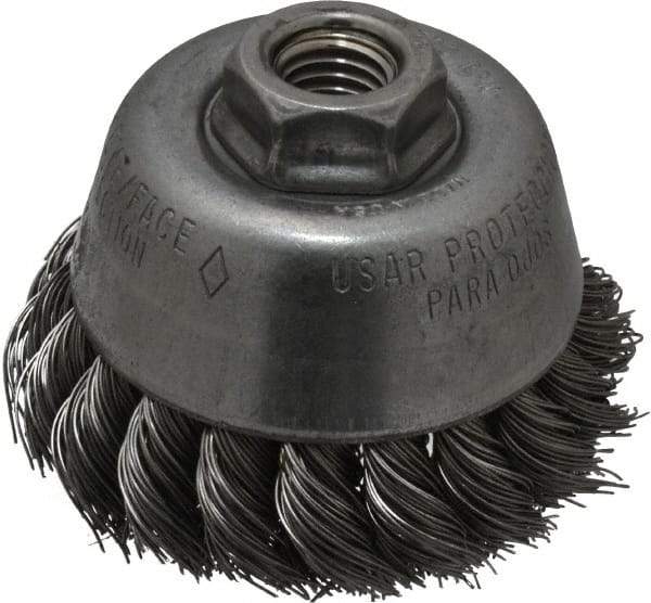 Osborn - 3-1/2" Diam, 5/8-11 Threaded Arbor, Steel Fill Cup Brush - 0.02 Wire Diam, 7/8" Trim Length, 14,000 Max RPM - Americas Industrial Supply