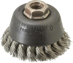 Osborn - 3-1/2" Diam, 5/8-11 Threaded Arbor, Stainless Steel Fill Cup Brush - 0.02 Wire Diam, 7/8" Trim Length, 14,000 Max RPM - Americas Industrial Supply