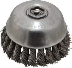 Osborn - 4" Diam, 5/8-11 Threaded Arbor, Steel Fill Cup Brush - 0.025 Wire Diam, 1-1/4" Trim Length, 6,000 Max RPM - Americas Industrial Supply