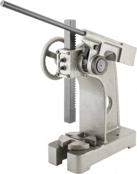 Interstate - 2-1/2" Ram, 6" Throat Depth, 3 Ton Manual Arbor Press - 12-5/8" Max Work Height x 12" Max Work Width, Ratchet Leverage, 20:1 Leverage Ratio, 8" Base Width x 18" Base Depth - Americas Industrial Supply