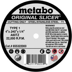 Metabo - 4-1/2 x 0.045, 7/8" Hole 60 Grit Aluminum Oxide Cutoff Wheel - Americas Industrial Supply