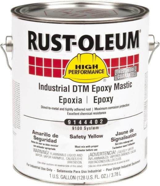 Rust-Oleum - 1 Gal Gloss Safety Yellow Epoxy Mastic - 100 to 225 Sq Ft/Gal Coverage, <340 g/L VOC Content, Direct to Metal - Americas Industrial Supply