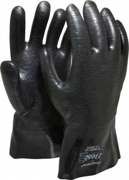 SHOWA - Size L (10), 12" Long, 26 mil Thick, Supported, Neoprene Chemical Resistant Gloves - Smooth Finish, Flannel Lined, Gauntlet Cuff, ANSI Abrasion Level 3, ANSI Cut Level 3, ANSI Puncture Level 1, Black, FDA Approved - Americas Industrial Supply