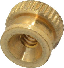 Electro Hardware - #6-32 UNC Thread, Uncoated, Grade B-633 Brass Round Knurled Thumb Nut - 9/32" Overall Height, 3/8" Head Diam - Americas Industrial Supply