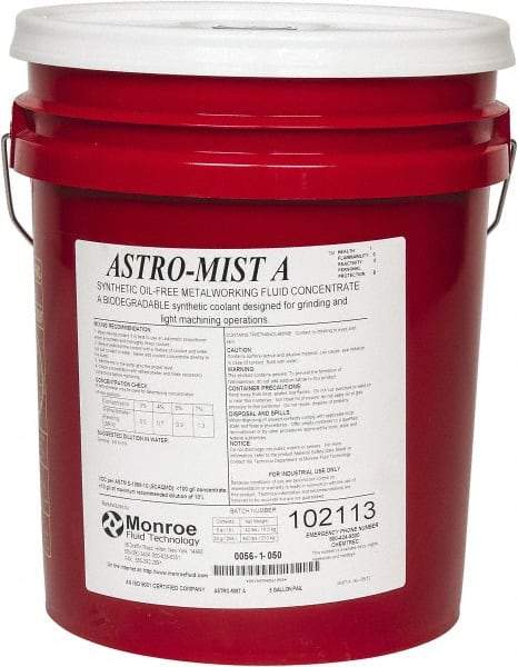 Monroe Fluid Technology - Astro-Mist A, 5 Gal Pail Grinding Fluid - Synthetic, For Light Machining - Americas Industrial Supply