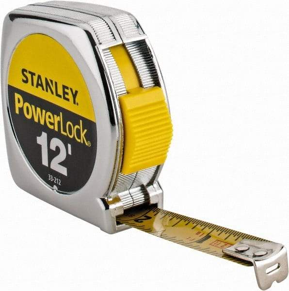 Stanley - 12' x 1/2" Yellow Blade Tape Measure - 1/32 & 1/16" Graduation, Inch Graduation Style, Silver Case - Americas Industrial Supply