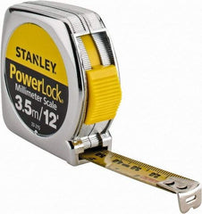 Stanley - 12' x 1/2" Yellow Blade Tape Measure - 1/32 & 1/16" Graduation, Inch/Metric Graduation Style, Silver Case - Americas Industrial Supply
