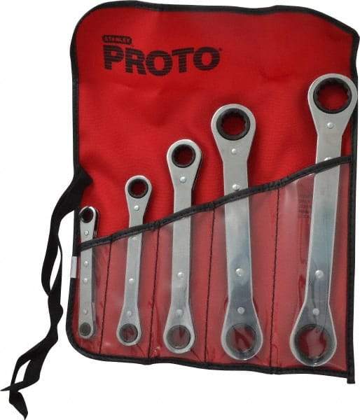 Proto - 5 Piece, 1/4 x 5/8 to 3/4 x 7/8", 12 Point, Ratcheting Box Wrench Set - Inch System of Measurement, Full Polish Finish, Comes in Nylon Roll - Americas Industrial Supply