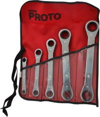 Proto - 5 Piece, 1/4 x 5/8 to 3/4 x 7/8", 12 Point, Ratcheting Box Wrench Set - Inch System of Measurement, Full Polish Finish, Comes in Nylon Roll - Americas Industrial Supply