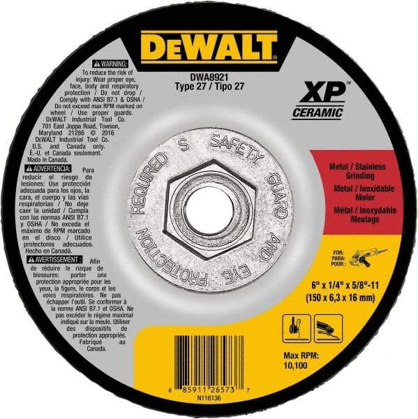 DeWALT - 24 Grit, 6" Wheel Diam, Type 27 Depressed Center Wheel - Coarse/Medium Grade, Ceramic, N Hardness, 10,100 Max RPM - Americas Industrial Supply