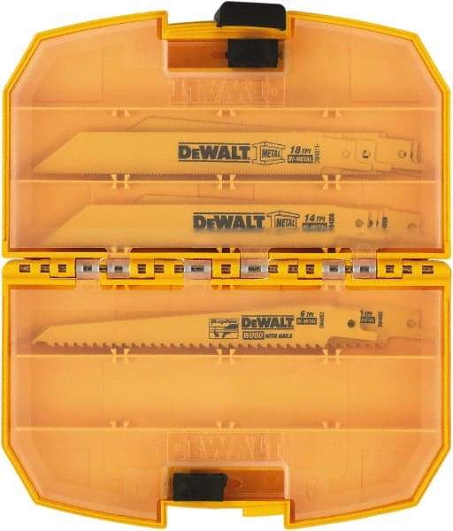 DeWALT - 15 Pieces, 6" Long x 0.04" Thickness, Bi-Metal Reciprocating Saw Blade Set - Straight Profile, 6 to 18 Teeth, Toothed Edge - Americas Industrial Supply