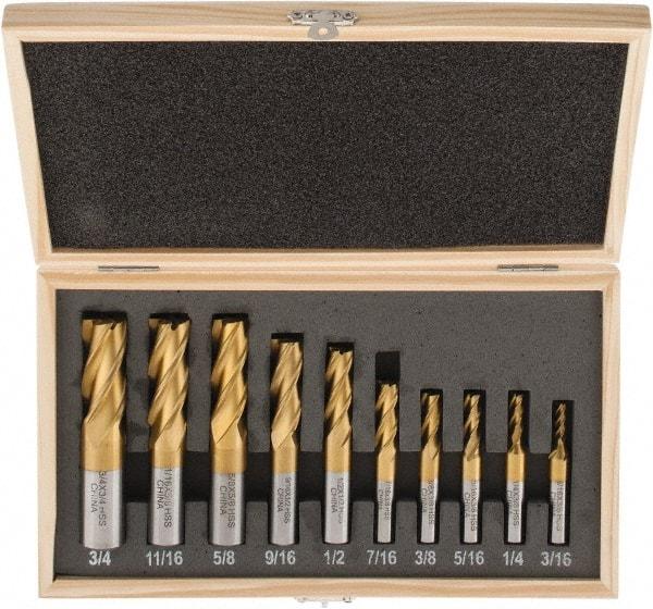 Interstate - 3/16 to 3/4", 4 Flute Square End Mill Set - TiN Coating, High Speed Steel, Single End, Centercutting - Americas Industrial Supply
