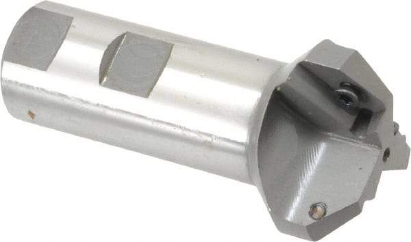 Everede Tool - 45° Lead Angle, 1.721" Max Cut Diam, 15/16" Min Cut Diam, 0.391" Max Depth of Cut, Indexable Chamfer and Angle End Mill - 3 Inserts, APLT 347 Insert Style, 3.2" Overall Length, Straight Shank, 90° Included Angle - Americas Industrial Supply