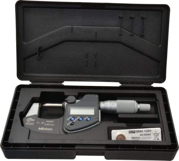 Mitutoyo - 0 to 0.8 Inch Measurement, 0.0002 Inch Accuracy, Electronic Crimp Height Micrometer - 0.0001 Inch Resolution, Ratchet Stop Thimble, SR44 Battery - Americas Industrial Supply