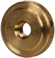 Gibraltar - 1/4-20" UNC Thread, Uncoated, Brass Round Knurled Check Nut - 1/4" Overall Height, 7/8" Diam x 3/16" Head Height, 5/8" Diam x 1/16" Base Height - Americas Industrial Supply