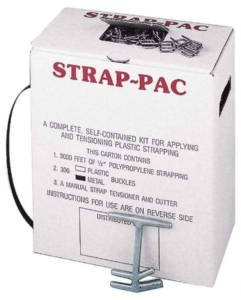 Value Collection - 3,000 Foot Long x 1/2 Inch Wide x 0.015 Inch Thick, Economy Polyproylene Strapping Kit - 260 Lbs Tensile Strength, Contains Self Dispensing Box, Polypropylene Strapping, 300 Metal Buckles and Tensioning Cutting Tool - Americas Industrial Supply