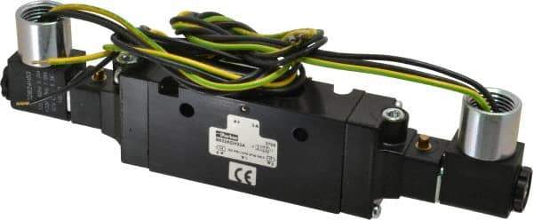 Parker - 3/8" Inlet x 3/8" Outlet, Double Solenoid Actuator, Solenoid Return, 2 Position, Body Ported Solenoid Air Valve - 120 VAC Input, 88 CFM, 2.8 CV, 4 Way, 145 psi, 7-3/10" Long x 1.15" Wide x 3.97" High, 0 to 160°F - Americas Industrial Supply