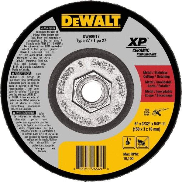 DeWALT - 24 Grit, 6" Wheel Diam, Type 27 Depressed Center Wheel - Coarse/Medium Grade, Ceramic, N Hardness, 10,100 Max RPM - Americas Industrial Supply