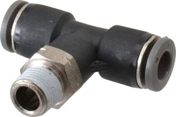 Norgren - 1/4" Tube OD, 1/8 NPTF Brass Push-to-Connect Tube Male Swivel Branch Tee - Tube to Male NPT Connection, 150 Max psi, Nitrile O-Ring, 0 to 175°F Working Temp - Americas Industrial Supply