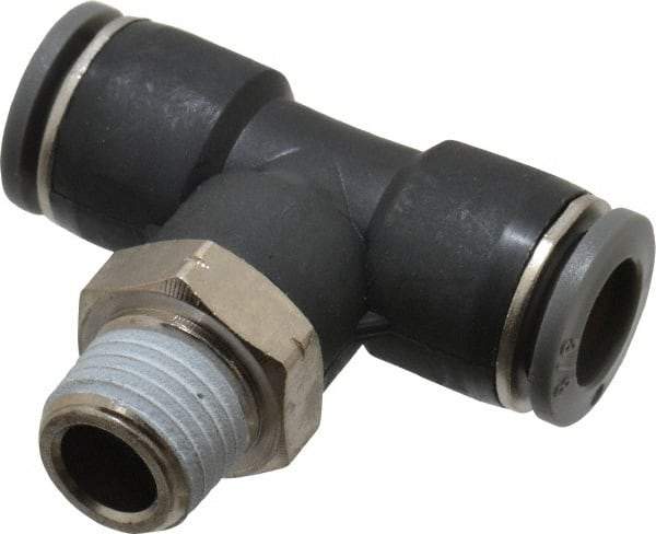 Norgren - 3/8" Tube OD, 1/4 NPTF Brass Push-to-Connect Tube Male Swivel Branch Tee - Tube to Male NPT Connection, 150 Max psi, Nitrile O-Ring, 0 to 175°F Working Temp - Americas Industrial Supply