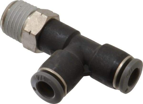 Norgren - 1/4" Tube OD, 1/4 NPTF Brass Push-to-Connect Tube Male Swivel Run Tee - Tube to Male NPT Connection, 150 Max psi, Nitrile O-Ring, 0 to 175°F Working Temp - Americas Industrial Supply