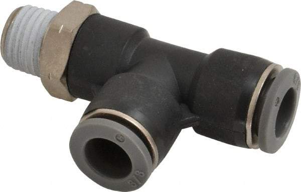 Norgren - 3/8" Tube OD, 1/4 NPTF Brass Push-to-Connect Tube Male Swivel Run Tee - Tube to Male NPT Connection, 150 Max psi, Nitrile O-Ring, 0 to 175°F Working Temp - Americas Industrial Supply