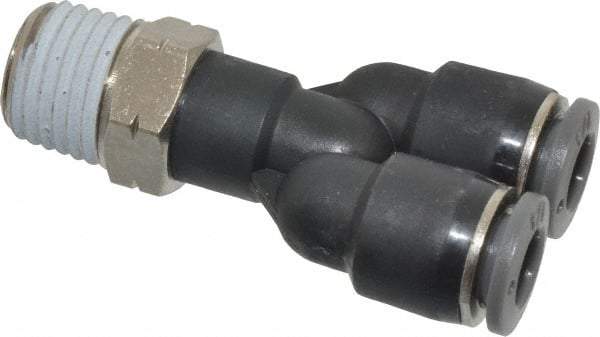 Norgren - 1/4" Tube OD, 1/4 NPTF Brass Push-to-Connect Tube Male Parallel Y - Tube to Male NPT Connection, 150 Max psi, Nitrile O-Ring, 0 to 175°F Working Temp - Americas Industrial Supply
