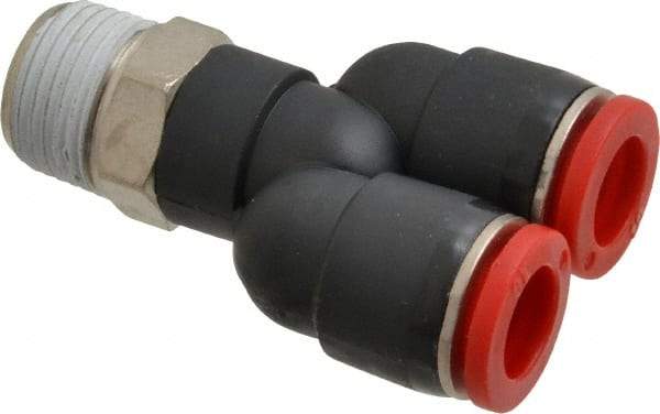 Norgren - 10mm Tube OD, 3/8 BSPT Brass Push-to-Connect Tube Male Parallel Y - Tube to Male BSPT Connection, 150 Max psi, Nitrile O-Ring, 0 to 175°F Working Temp - Americas Industrial Supply