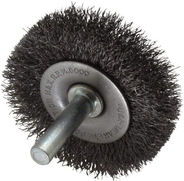 Made in USA - 2" OD, 1/4" Shank Diam, Crimped Steel Wheel Brush - 1/4" Face Width, 0.008" Filament Diam, 6,000 RPM - Americas Industrial Supply