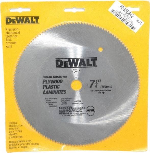 DeWALT - 7-1/4" Diam, 5/8" Arbor Hole Diam, 140 Tooth Wet & Dry Cut Saw Blade - Steel, Smooth Action, Standard Round Arbor - Americas Industrial Supply