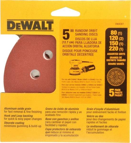 DeWALT - 80, 120, 150, 180, 220 Grit, 5" Disc Diam, Abrasive Disc Kit - Coated, Medium, Fine, (3) Very Fine Grade, Aluminum Oxide - Americas Industrial Supply