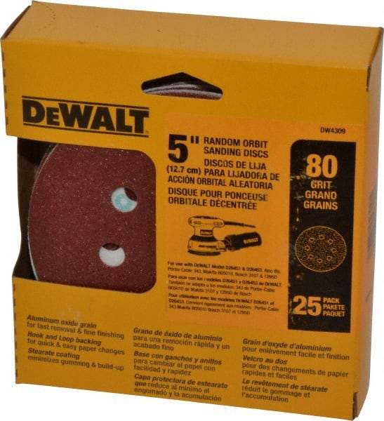 DeWALT - 5" Diam, 80 Grit, Aluminum Oxide Hook & Loop Disc - Medium Grade, Coated, Paper Backing, - Americas Industrial Supply