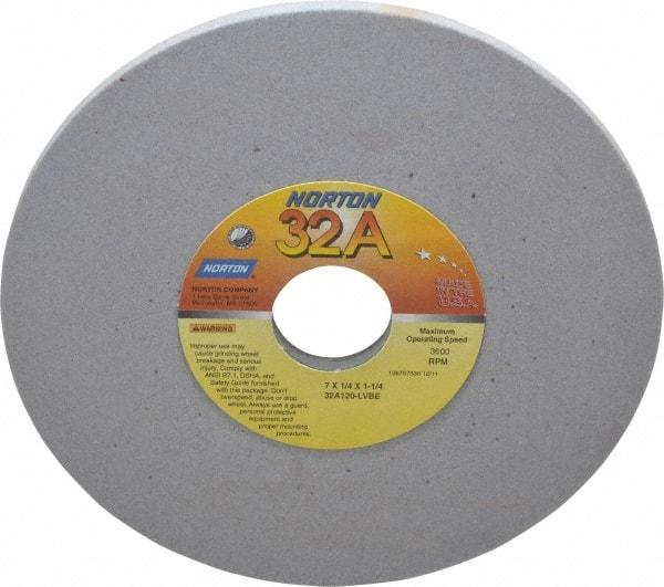 Norton - 7" Diam x 1-1/4" Hole x 1/4" Thick, L Hardness, 120 Grit Surface Grinding Wheel - Aluminum Oxide, Type 1, Fine Grade, 3,600 Max RPM, Vitrified Bond, No Recess - Americas Industrial Supply