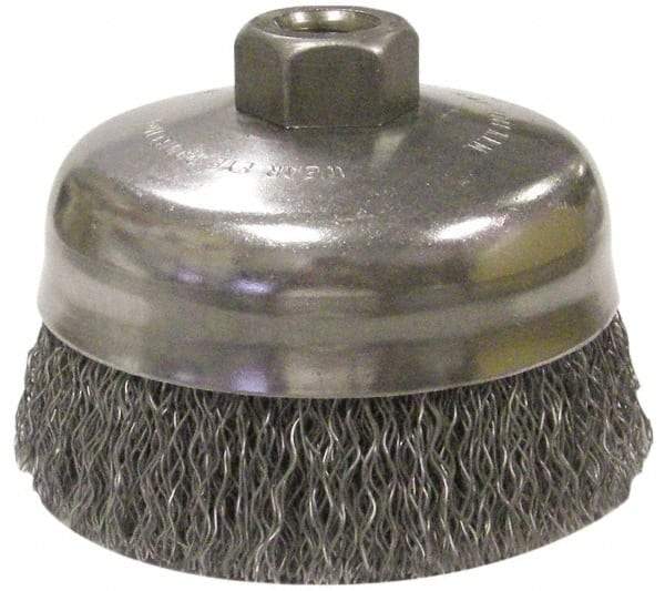 Anderson - 5" Diam, 5/8-11 Threaded Arbor, Steel Fill Cup Brush - 0.014 Wire Diam, 1-1/4" Trim Length, 9,000 Max RPM - Americas Industrial Supply