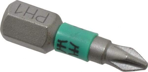 Wera - #1 Phillips Screwdriver Bit - 1/4" Hex Drive, 1" OAL - Americas Industrial Supply