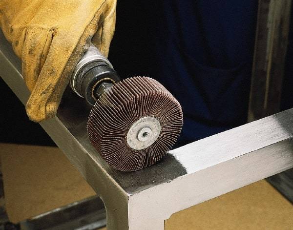Standard Abrasives - 1" Diam x 1" Face Width, Fine Aluminum Oxide Coated Mounted Flap Wheel - 1/4" Shank Mount, 120 Grit, 30,000 Max RPM - Americas Industrial Supply