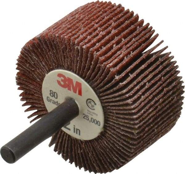 3M - 2" Diam x 1" Face Width, Medium Ceramic Alumina Coated Mounted Flap Wheel - 1/4" Shank Mount, 80 Grit, X Weighted Cloth Backing, 25,000 Max RPM - Americas Industrial Supply