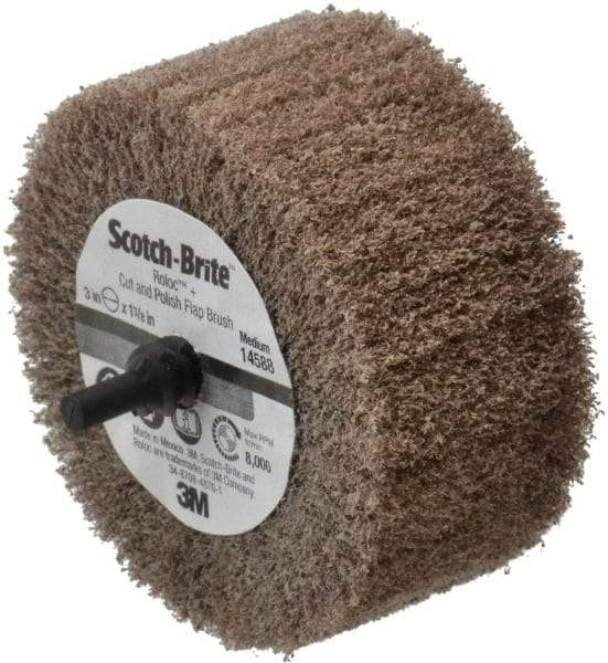 3M - 3" Diam x 1-3/8" Face Width, Medium Aluminum Oxide Nonwoven Mounted Flap Wheel - 1/4" Shank Mount, 8,000 Max RPM - Americas Industrial Supply