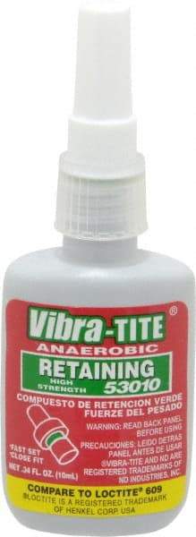 Vibra-Tite - 10 mL Bottle, Green, High Strength Liquid Retaining Compound - Series 530, 24 hr Full Cure Time, Hand Tool Removal - Americas Industrial Supply