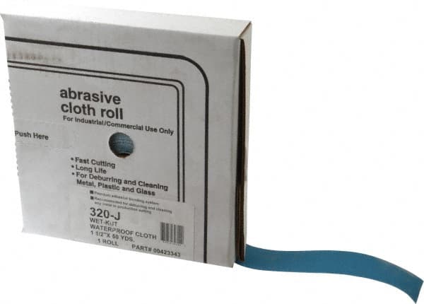 Value Collection - 1-1/2" x 50 Yd 320 Grit Aluminum Oxide Cloth Roll - Extra Fine Grade, J Weighted Backing - Americas Industrial Supply