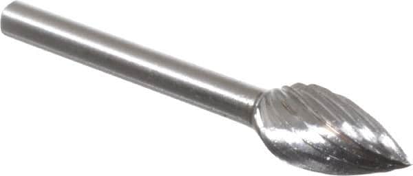Made in USA - 1/4" Cut Diam, 1/8" Shank Diam, Flame Head Single Cut Burr - High Speed Steel, Radius End, 1/2" LOC, 1-1/2" OAL - Americas Industrial Supply